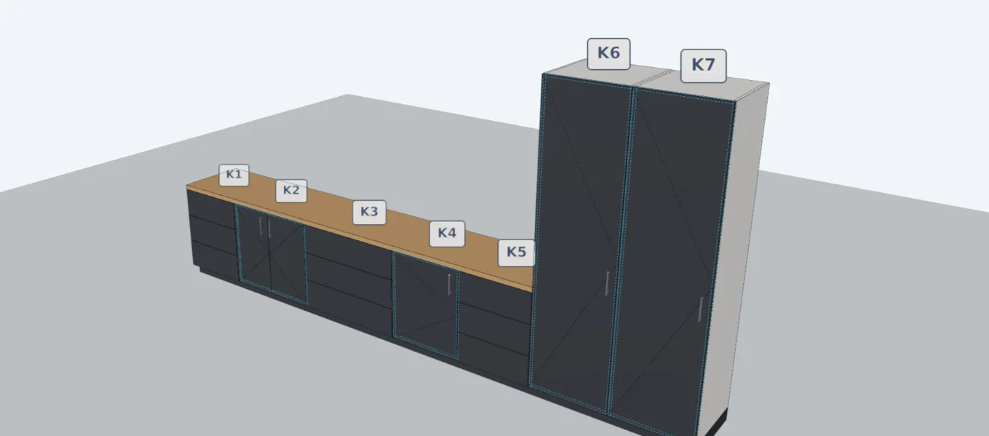 Een keuken in Tekenflow: vijf onderkasten met lades en deuren onder een doorlopend werkblad, en twee hoge kasten, met antraciet fronten.