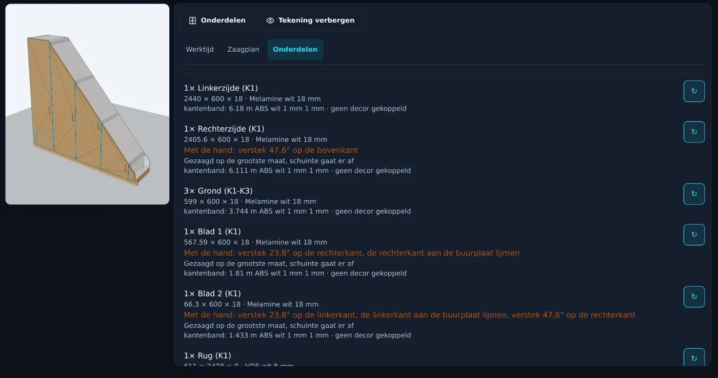 De onderdelen van de trapkast: elke zijde, elk blad en elke rug met maat, materiaal en kantenband, en wat er met de hand verstekt moet worden.